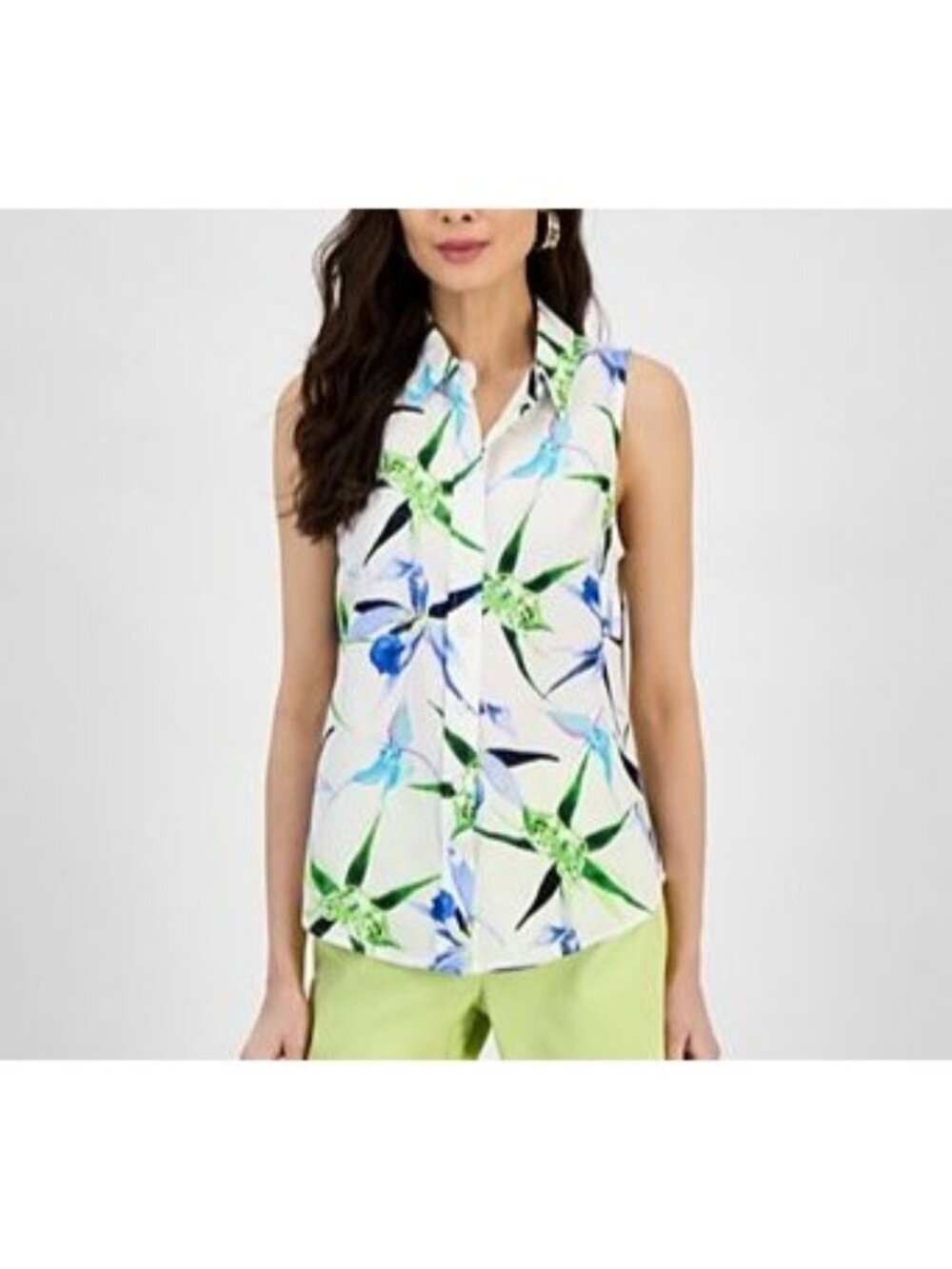 INC INternational Concepts White Blue Green Floral Button Up Sleeveless Top XL
